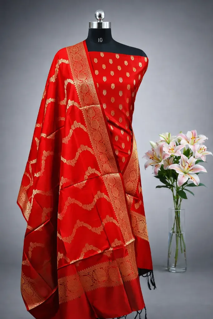 Semi Banarasi Katan Silk Unstitched Suit With Silk Border Jaal Dupatta