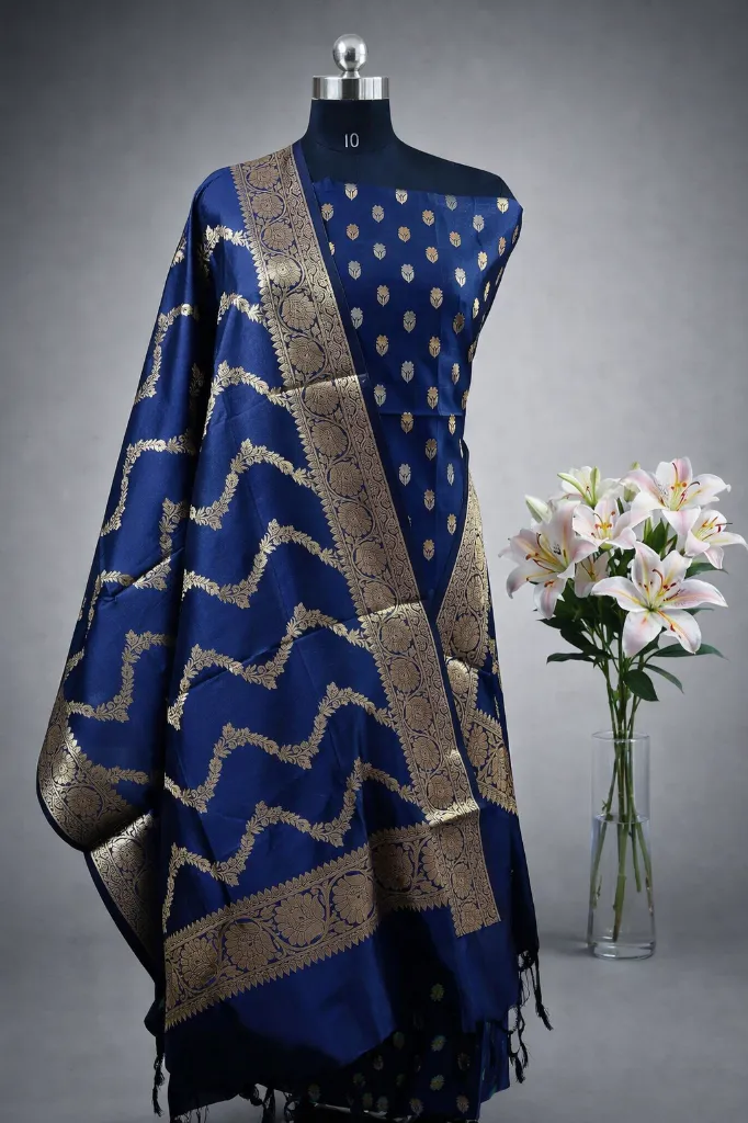 Semi Banarasi Katan Silk Unstitched Suit With Silk Border Jaal Dupatta