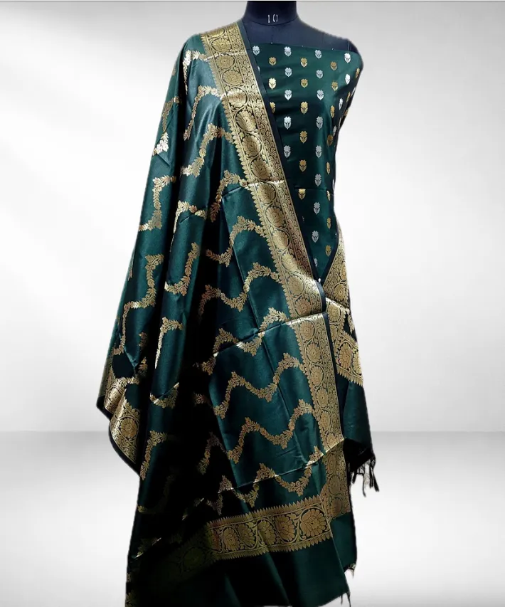 Green Semi Banarasi Katan Silk Unstitched Suit With Silk Border Jaal Dupatta