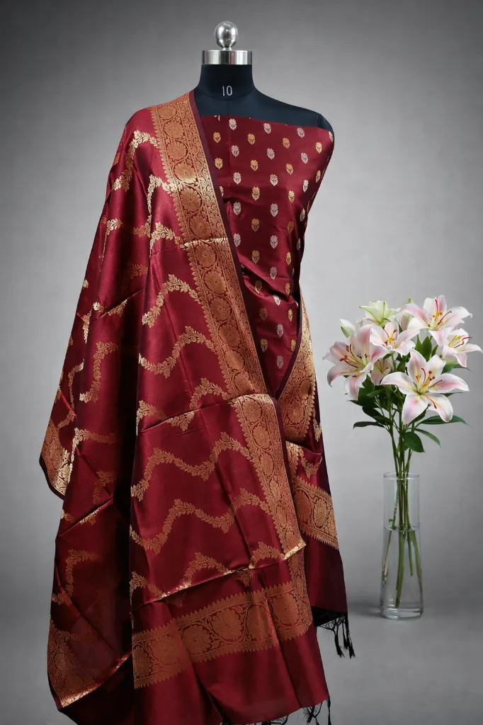Semi Banarasi Katan Silk Unstitched Suit With Silk Border Jaal Dupatta (copy)