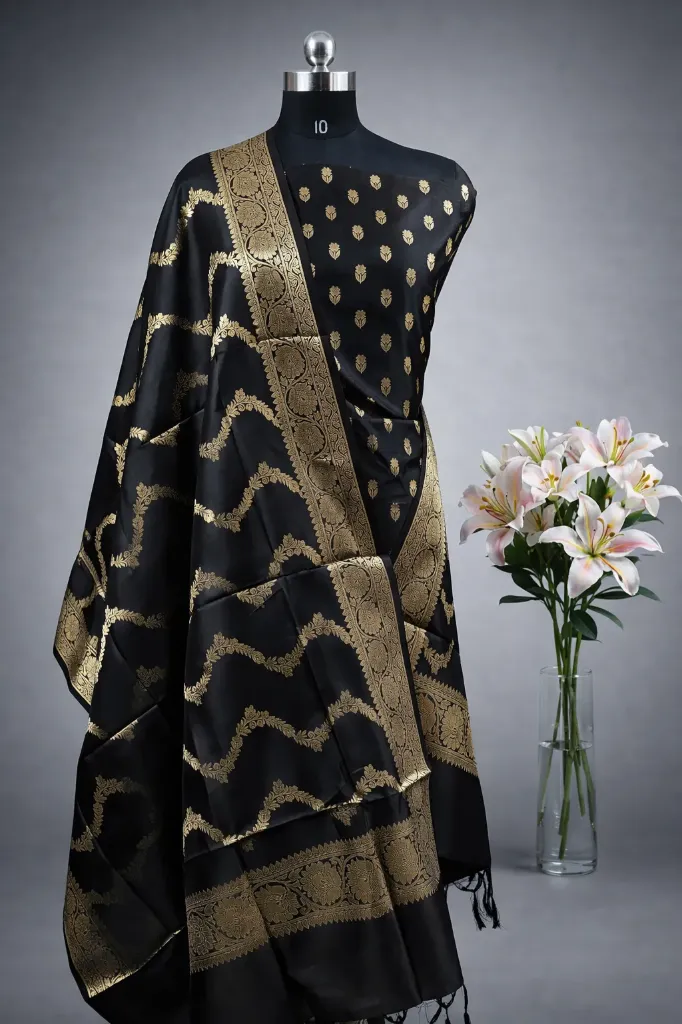 Semi Banarasi Katan Silk Unstitched Suit With Silk Border Jaal Dupatta
